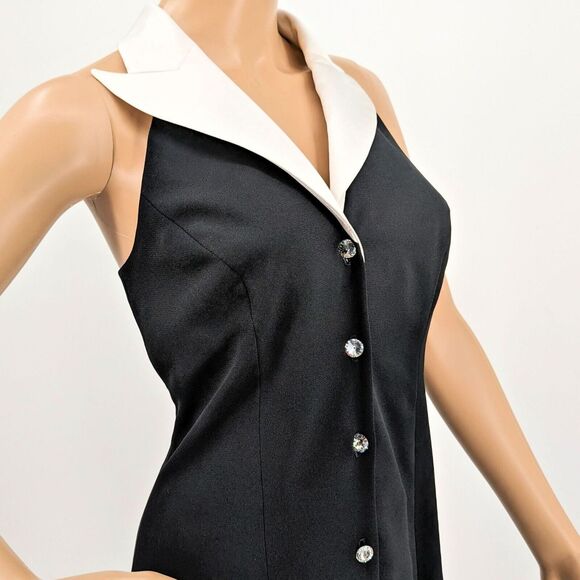 Vintage 90s Shelli Segal Tuexdo Halter Dress Mini Rhinestone Button Front Vest 4 - Picture 3 of 9